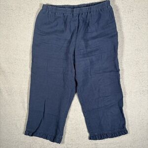 For Cynthia Petite Medium Navy Blue Linen Blend Ruffle Hem Crop Capri Pants PM‎
